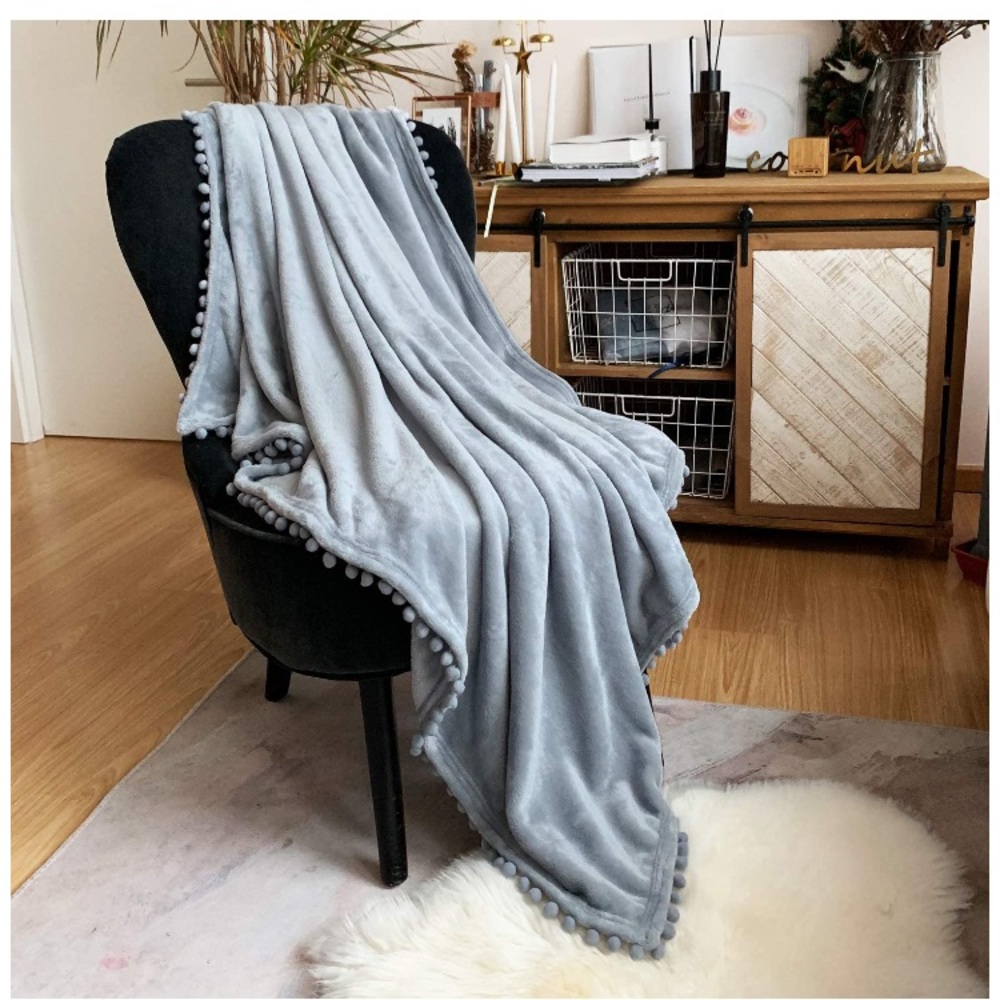 Navy Blue Pompom Fringe Chic Cozy Soft Throw Blanket/Cover - Picture 7 of 16